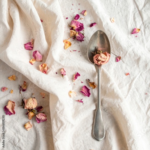 Delicate Still Life Arrangement Featuring Dried Rose Petals Scattered on Textured White Fabric with a Vintage Spoon Holding a Single Rose Bud