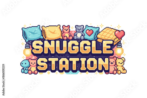 Cozy pixel art: snuggle station with cute pillows and teddy bears