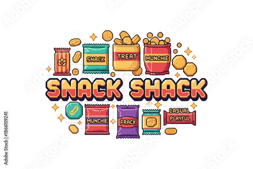Colorful snack packaging design with playful cartoon style and bold typography