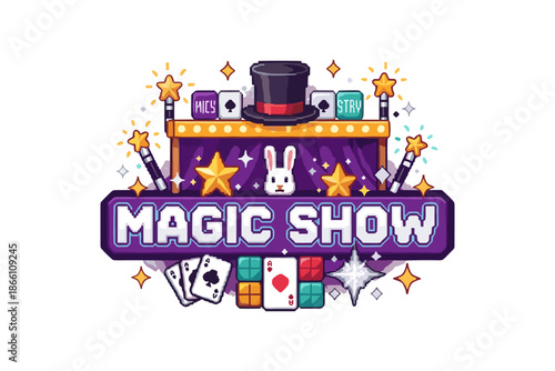 Retro magic show banner with hat, cards, and stars in pixel art style