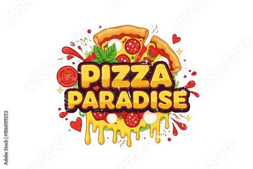 Pizza paradise logo with slices, cheese drips, and fresh ingredients