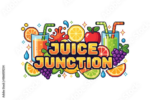 Colorful pixel art juice bar with fresh fruits and splash elements