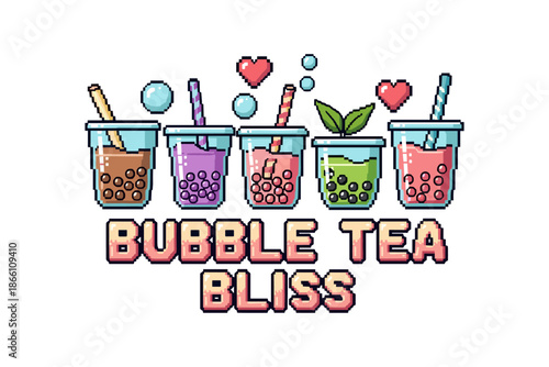 Delightful bubble tea pixel art with colorful drinks and heart accents