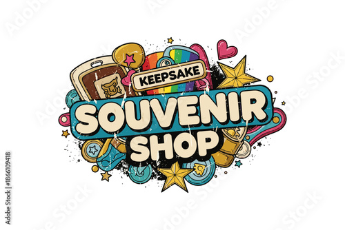 Colorful keepsake shop logo with retro elements