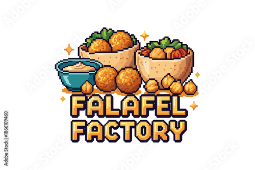 Pixel art falafel logo featuring bowls of falafel and hummus with text