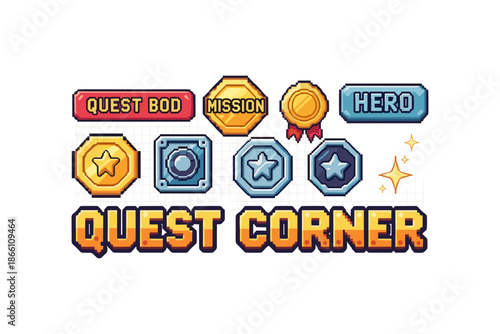 Pixel art quest elements with badges and stars for gamer interface