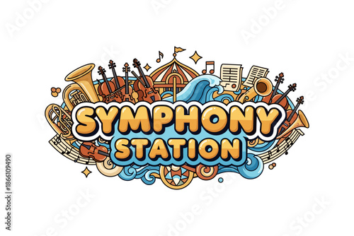 Colorful musical instruments and waves theme with symphony station text