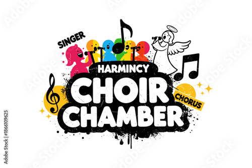 Colorful choir chamber design with music notes and singing characters