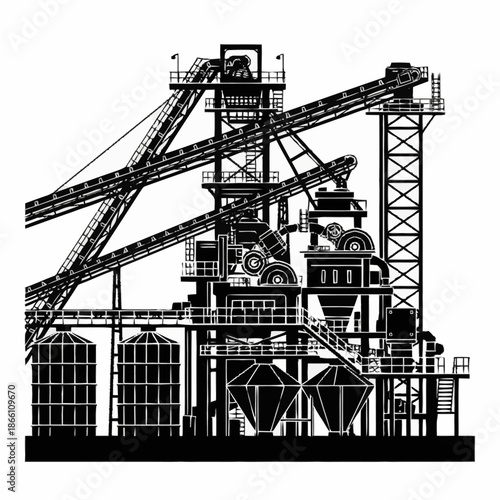 Industrial plant silhouette with conveyors and silos for material processing.