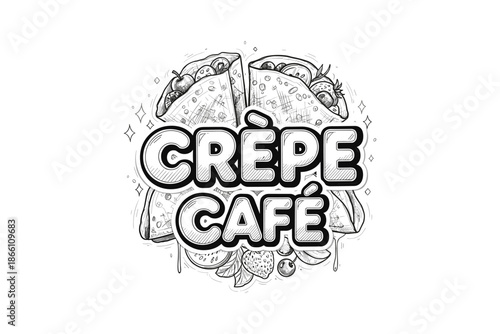 Hand-drawn crepe cafe design with fruits and berries