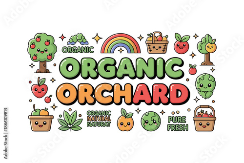 Colorful cartoon organic orchard with cute fruits and vegetables