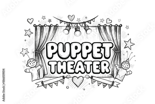 Charming puppet theater sketch with curtains and stars for whimsical kids' design