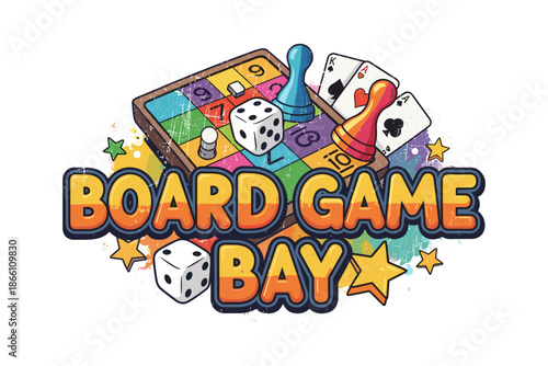 Colorful retro board game design with dice, cards, and pawns