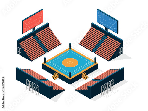 An isometric illustration of a vibrant wrestling arena with a blue and yellow ring surrounded by empty red seating areas and large screens.