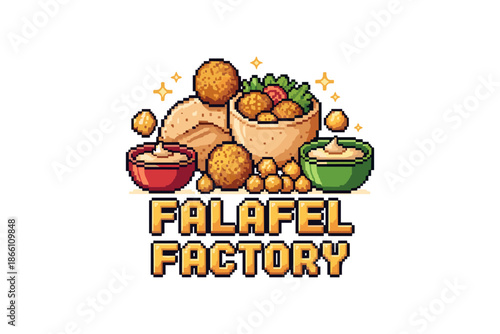 Pixel art falafel and hummus delight with pita and chickpeas