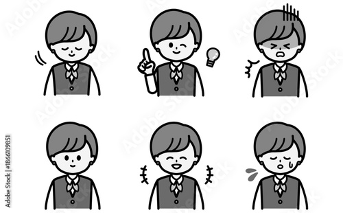 ビジネス女性の表情セットイラスト 接客や説明や資料の挿絵に使える感情バリエーション フラットデザインの黒白ベクター素材