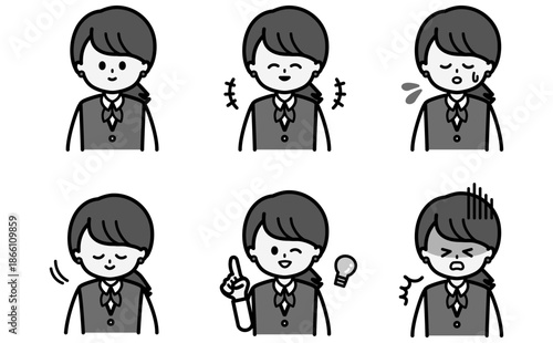 ビジネス女性の表情セットイラスト 接客や説明や資料の挿絵に使える感情バリエーション フラットデザインの黒白ベクター素材