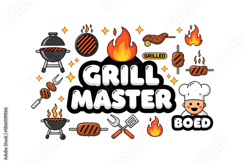 Grill master cartoon bbq collection: flames, tools, and fun cookout theme