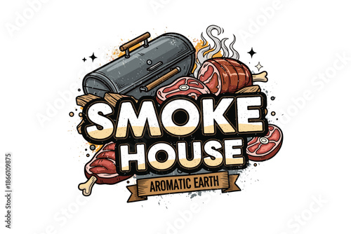Rustic smokehouse logo design with grilled meat and barbecue elements