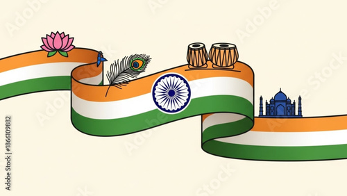 Indian cultural symbols on waving national flag ribbon with taj mahal, peacock feather, lotus flower and traditional drums, representing patriotism and national pride