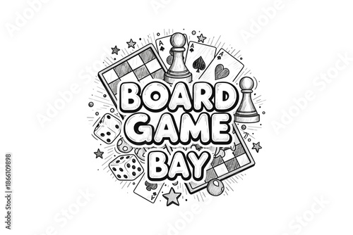 Hand drawn chess and dice game elements with board game bay typography
