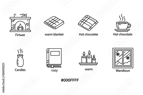 Cozy winter essentials: fireplace, warm blanket, hot chocolate, candles, and more