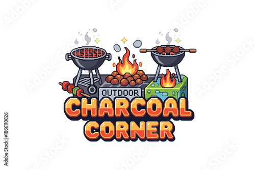 Outdoor bbq fun with grills and skewers in retro pixel art design