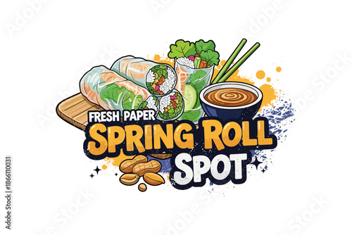 Fresh spring roll art with dipping sauce and ingredients in cartoon style