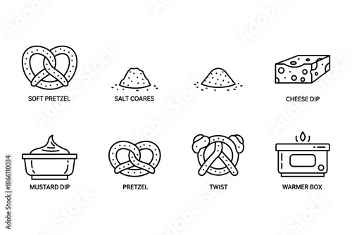 Pretzel and dips icons: linear style snack elements with cheese, mustard, and salt