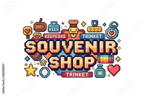 Retro souvenir shop icon set with colorful pixel art style graphics