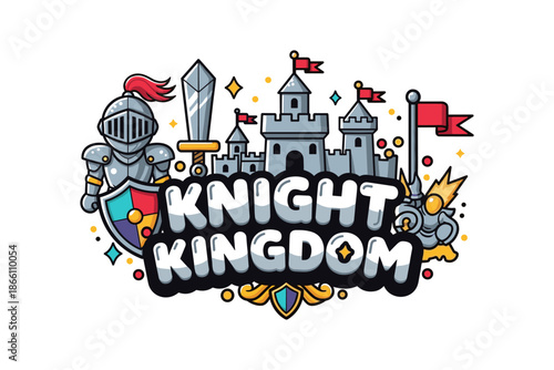 Medieval knight theme with castle and sword in cartoon style