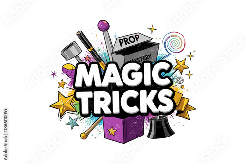 Colorful magic tricks box with wand and stars in retro comic style