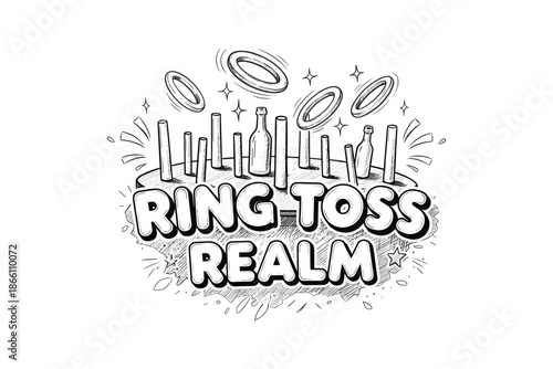 Monochrome ring toss game design with playful hand drawn style elements