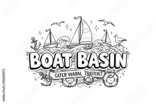 Monochrome nautical art: sailboats and waves with marine life elements