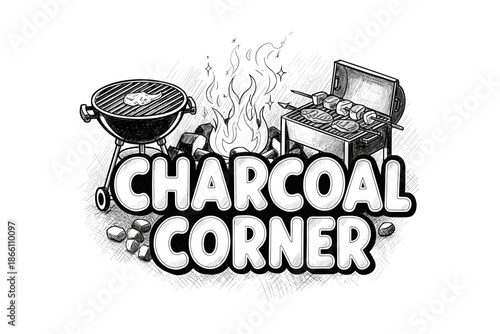 Rustic bbq grills with charcoal and flames in hand-drawn style