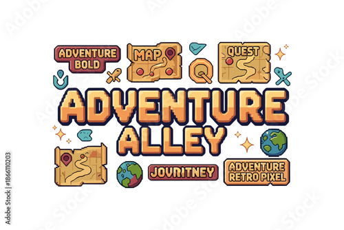Adventure alley retro pixel art with maps and quest icons