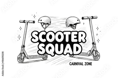Scooter squad: black and white urban trendy design with helmets and sparkle elements