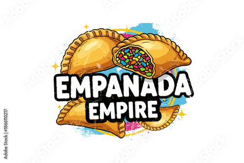 Colorful pastry delight with empanadas and artistic typography