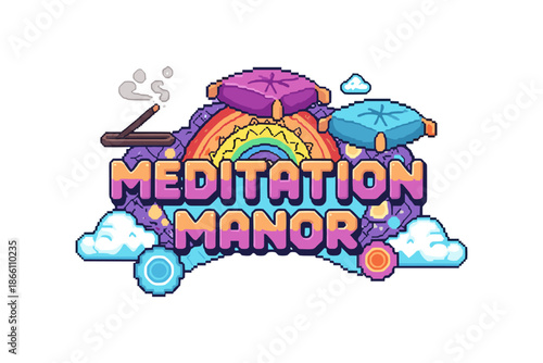 Meditation retreat logo in colorful pixel style with rainbow and cushions
