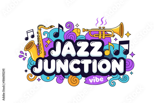 Dynamic jazz junction with trumpets, saxophones, and musical notes in bright cartoon style