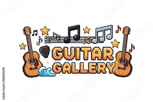 Retro pixel art banner with guitars, musical notes, and stars for music theme