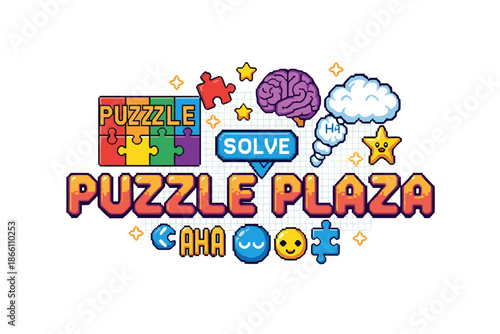 Colorful puzzle game concept with brain and cloud icons in cartoon style