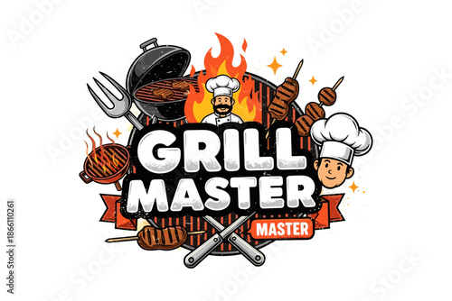 Grill master chef with barbecue elements and flames design