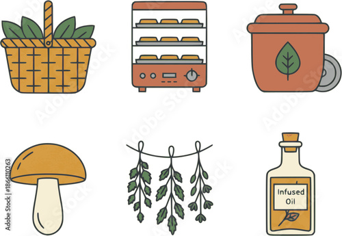 Professional foraging and preservation icons. Flat vector set featuring harvest baskets, dehydrators, and fermentation crocks. High-quality ochre and green graphics on white.