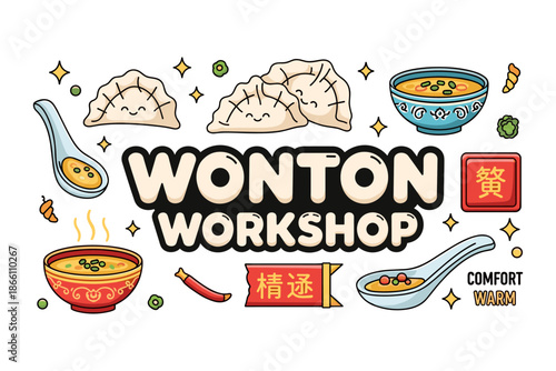 Cute cartoon wonton workshop design with noodles, dumplings, and soup elements