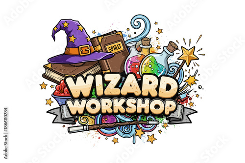 Colorful magical workshop with potions, hat, books, and wand