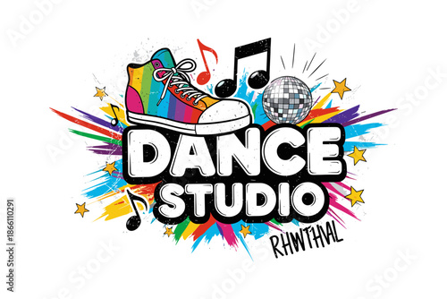 Colorful dance studio logo with sneakers, music notes, and disco ball design