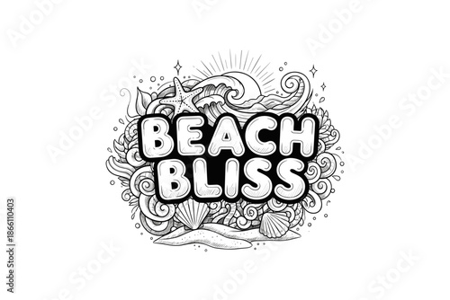 Beach bliss in monochrome doodle art featuring waves and seashells