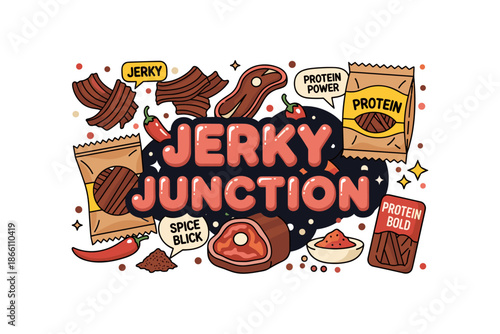 Creative snack branding design with bold typographic elements and jerky art