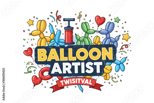 Colorful balloon art with pump and confetti at festival celebration